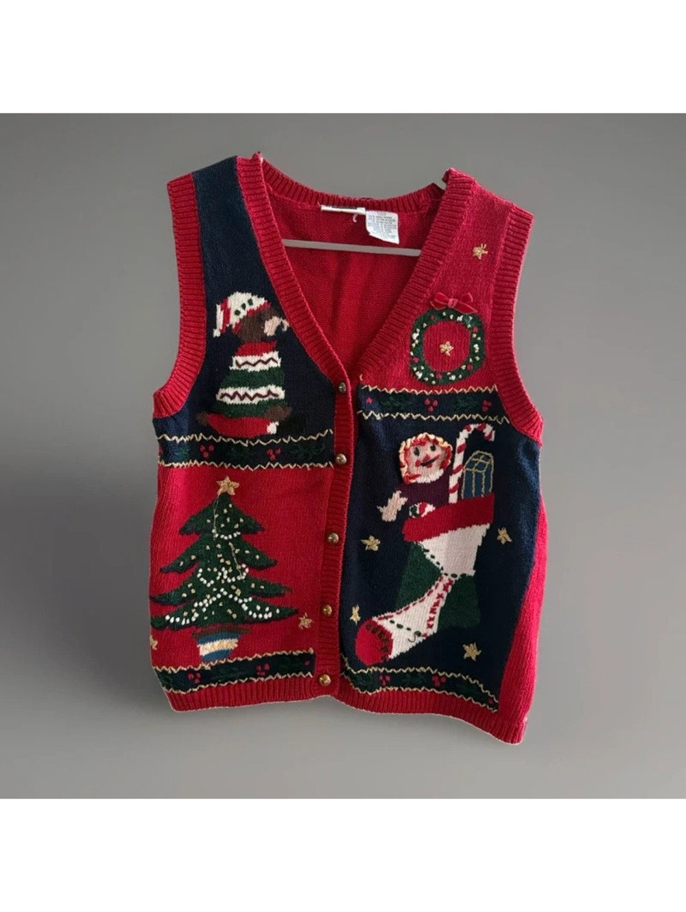 Vintage Capacity Christmas Sweater Vest Small Tree Santa Stocking Holiday Knit